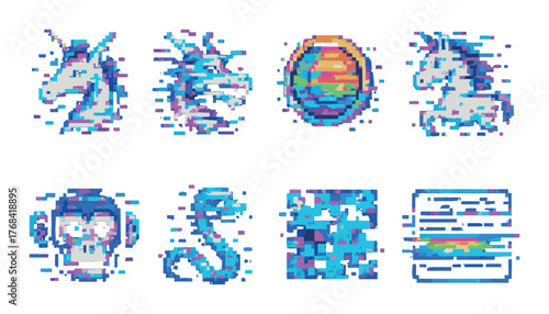Colorful pixel art icons featuring animals and abstract designs in neon glow