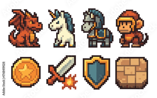 Pixel art fantasy creatures and game elements: dragon, unicorn, knight, monkey, coin, sword, shield, stone