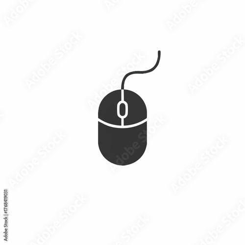 A clean, minimalistic 2D flat illustration of a modern computer mouse, a simple grey peripheral input device isolated on a pure white background, representing connection and digital navigation.