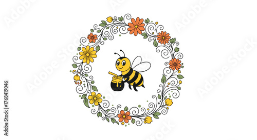 Cute bee in a floral wreath holding a honey dipper and pot.
