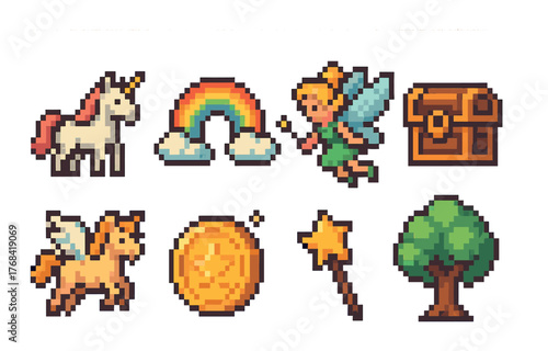 Pixel art fantasy icons: unicorn, rainbow, fairy, treasure chest, pegasus, coin, wand, tree