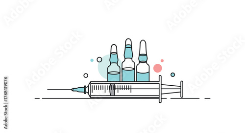 A minimalist illustration of three blue ampoules and a syringe on a white background; a sterile, pharmaceutical concept.
