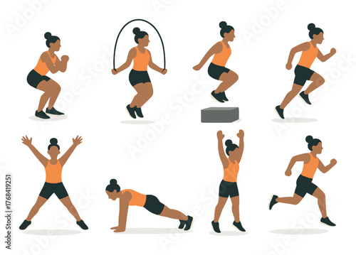 Diverse female fitness routine featuring various cardio and strength exercises