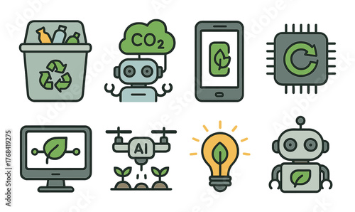Eco-friendly technology icons featuring robots, recycling, ai, and sustainable solutions