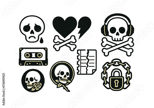 Retro emo symbols: skulls, hearts, and tapes on yellow background