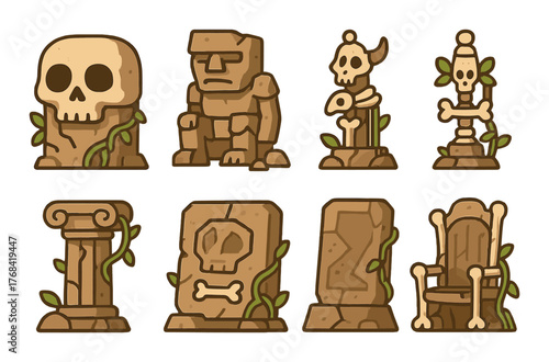 Ancient stone icons with skulls and columns in a cartoon style