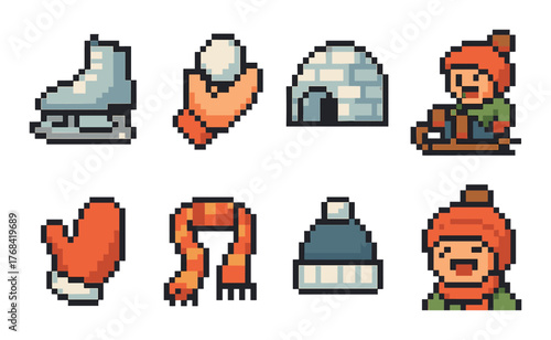 Cozy winter pixel art icons: mittens, igloo, ice skate, hat, sledding character