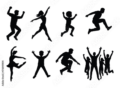 Silhouette of diverse people dancing and jumping in joyful motion on dark background