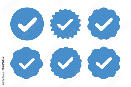 Collection of blue verified badges with checkmarks on black background