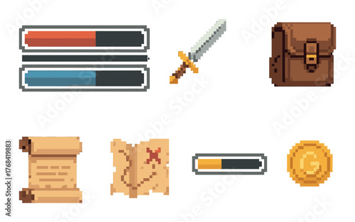 Collection of retro pixel art game icons featuring sword map and health bar