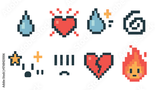 Pixel art icons: heart, water drops, fire, spiral, star with glowing effects