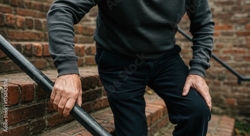 An elderly man is walking down the stairs, holding onto the railing, feeling pain in his knees.