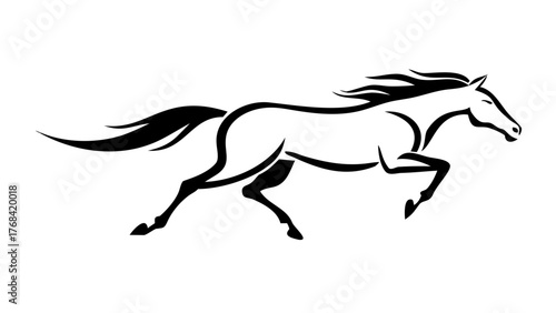 Dynamic black and white running horse, powerful equine silhouette conveying speed and freedom, ideal for logos, branding, and strength symbolism