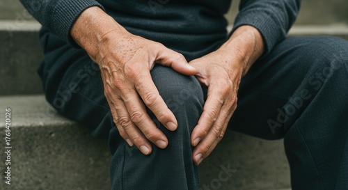 An elderly man sitting on the stairs, clutching his knees and complaining of pain