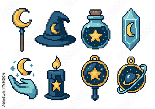 Pixel art magic items with stars and moons