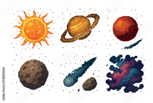 Pixel art space objects: planets, sun, comet, asteroid, nebula