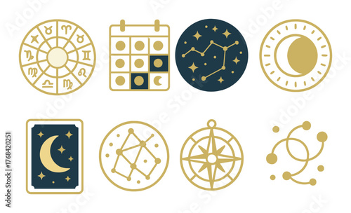 Astrology symbols set featuring zodiac constellations moon and mystical tarot card design