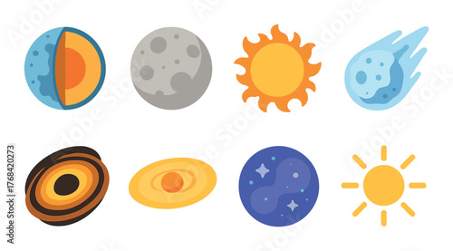 Colorful solar system elements with planets, sun, comets, and galaxies