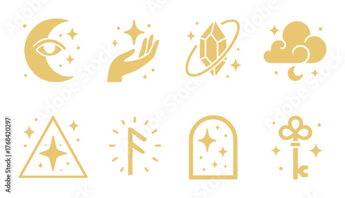 Mystical symbols: celestial, crystal, cloud, triangle, rune, portal, and key designs