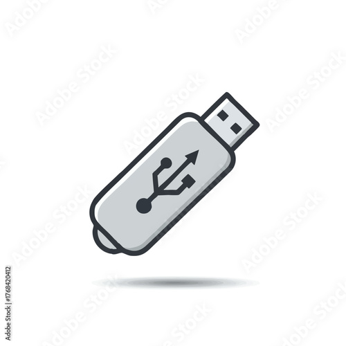 USB flash drive memory stick vector icon, presented in a modern flat 2D minimalistic style isolated on a pure white background, ideal for digital data technology concepts.