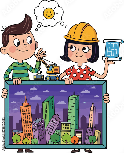 Cartoon boy and girl architects designing city buildings, teamwork creativity, construction planning, engineering concept, imagination, urban skyline, educational illustration