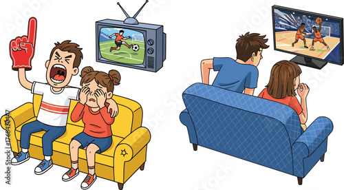 Cartoon family watching sports on television, kids and parents cheering football and basketball games, fun indoor activity, entertainment illustration
