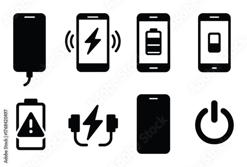 Set of mobile device icons: charging, battery, and power symbols