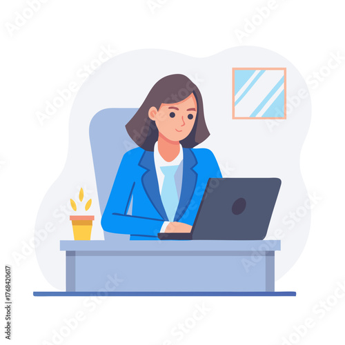 Businesswoman focusing intently on her laptop in a professional office setting.icon