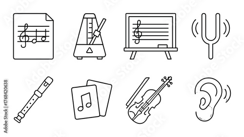 Music education elements icons: sheet, metronome, chalkboard, tuning fork, recorder, notes, violin, ear
