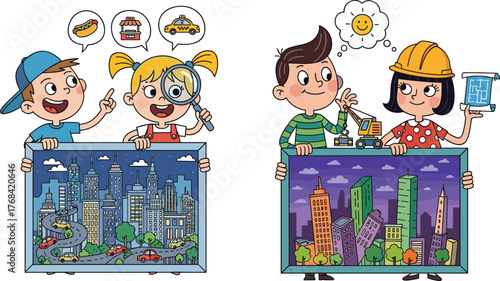 Creative kids imagining city building and urban design, cartoon children with blueprint and magnifying glass, learning architecture, future engineers illustration