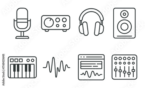 Audio equipment icons set featuring microphone, headphones, and mixer controls