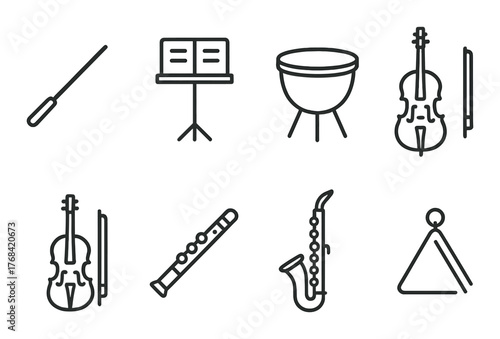 Outline illustrations of musical instruments: violin, saxophone, flute, and more
