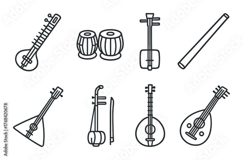 Vector image of diverse traditional string and percussion musical instruments