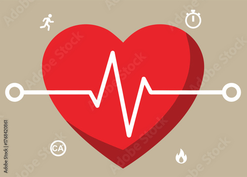 Cardiovascular Health and Fitness Tracking Concept Illustration A dynamic flat design vector illustration centered around a large red heart with a prominent EKG line, 