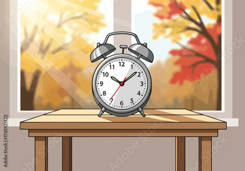 A timeless alarm clock sits patiently on a wooden table, framed by the vibrant colors of an autumn landscape.