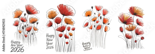 Abstract digital art illustration of four vibrant fiery red and orange floral clusters isolated on transparent background