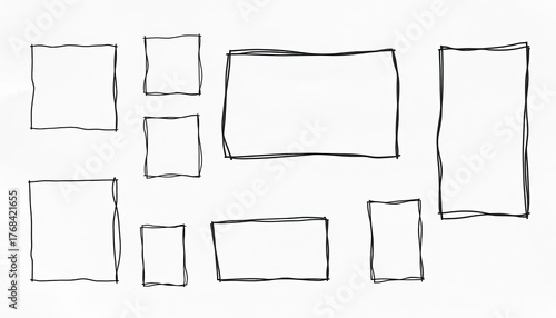 Whimsical, unevenly-drawn frames in varying shapes and sizes, sketched on textured paper,  scrapbook,  design