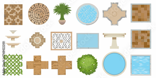 Collection of top down view elements for garden and landscape design including pools fountains planters and paving