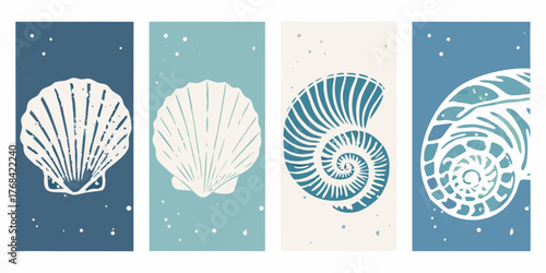 Set of four minimalist abstract seashell and nautilus shell illustrations in blue and beige tones