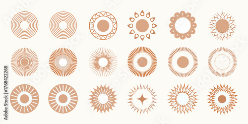 Collection of abstract circular sunburst and mandala style graphic elements in warm earthy tones
