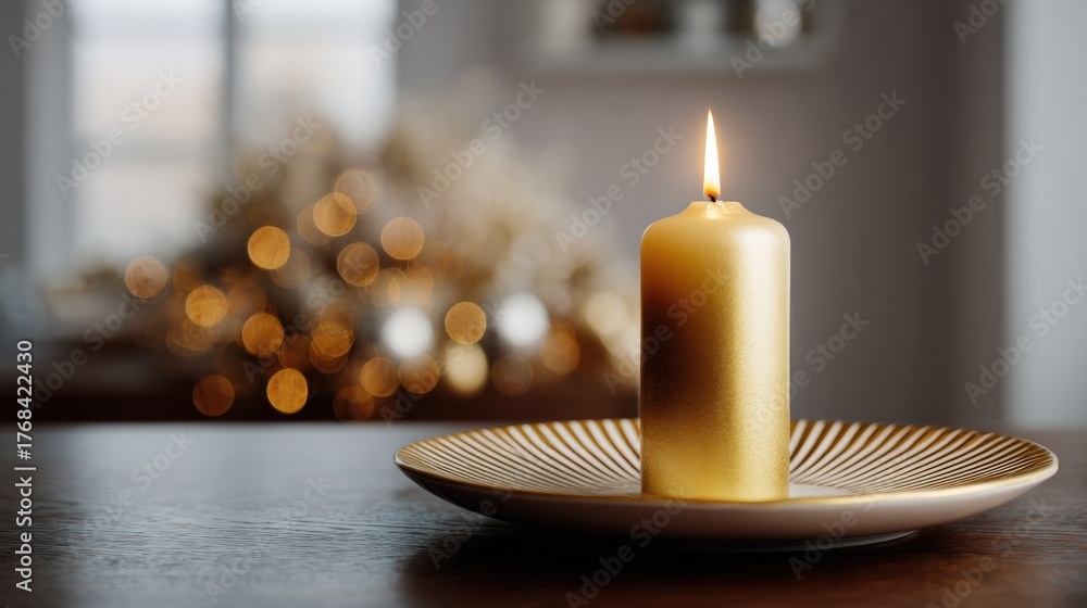 Obraz premium Single candle on a white plate with a gold rim. the candle is lit and the flame is burning brightly. the background is blurred, but it appears to be a room with a window and a vase of flowers.