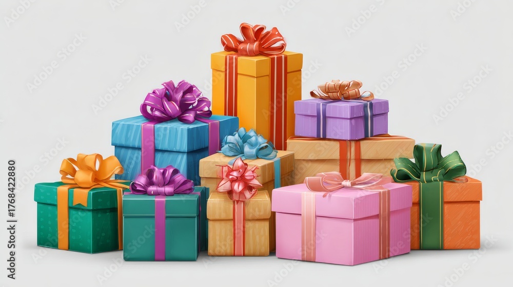 Fototapeta premium Stack of colorful christmas gift boxes with ribbons in various sizes piled together, festive holiday presents isolated on white and transparent background for winter celebration and seasonal decoratio