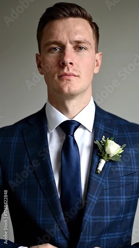A close-up portrait of a man in a navy suit with a white shirt, tie, and boutonniere