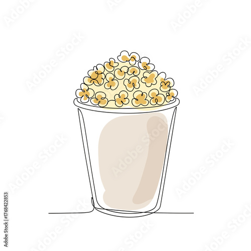 Paper cup with popcorn – one line doodle drawing with watercolor fill, minimalistic vector illustration on white background
