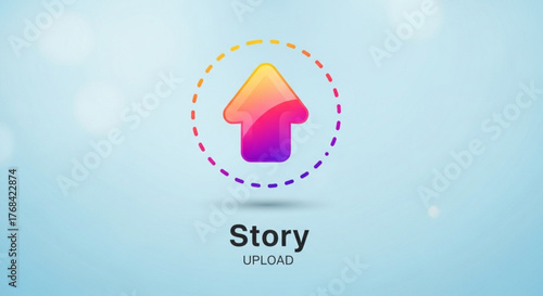 Story upload icon with arrow pointing up in a circle on light blue background the icon is colorful, with yellow, orange, and purple hues story upload concept
