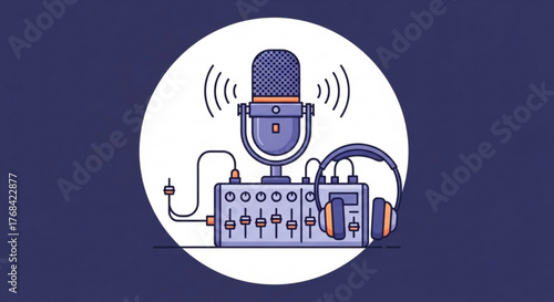 Podcast recording equipment with microphone, sound mixer, and headphones on dark blue background podcast recording equipment for audio production and broadcasting