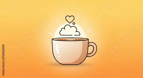 A delightful illustration showcases a steaming cup of coffee beneath a radiant sun, adorned with a charming heart, creating a warm and inviting atmosphere