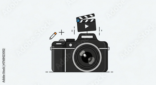A stylized camera with a clapperboard, representing filmmaking, photography, and creative media production