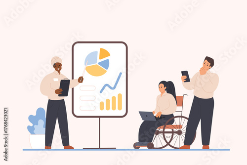 Diverse business team during presentation. African American presenter using pointer, woman in wheelchair with laptop, and man with phone. Inclusive and accessible workplace concept.