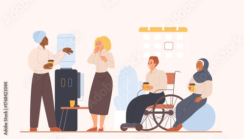 Diverse office colleagues taking a break together. Employees by water cooler and calendar, inclusive workspace concept. Vector illustration depicting accessibility and inclusion.